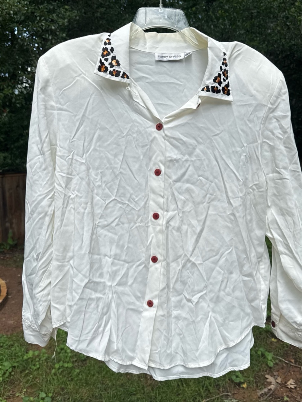 Vintage Nancy crystal Button-Up Blouse with Leopard Trim